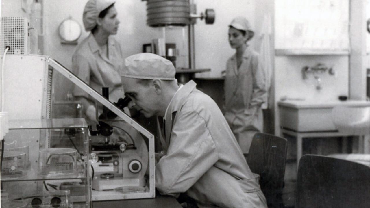 Karl-Ernst Boeters az egyik legnevesebb úttörője az integrált áramkörök fejlesztésének 1965-ben (a mikroszkópnál)