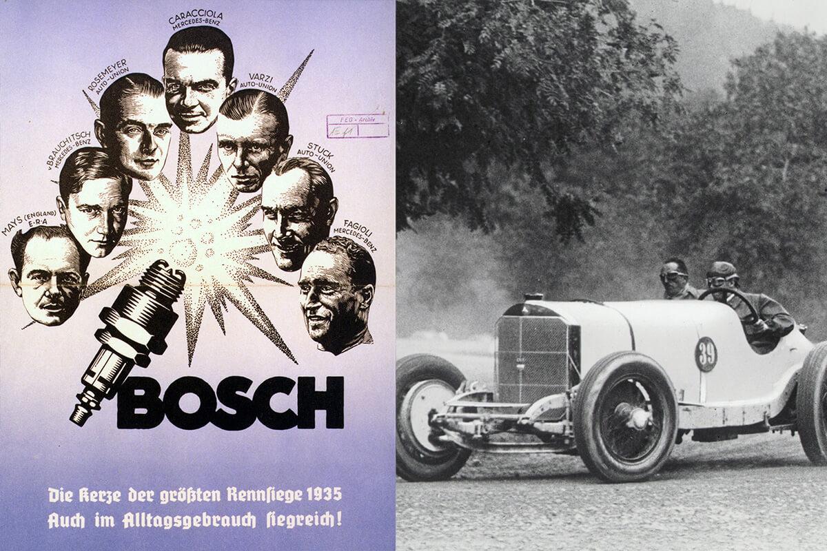 Rudolf Caracciola egy 1935-ös reklámban más híres versenygyőztesekkel együtt (balra), valamint egy 1928-as autóversenyen (jobbra).